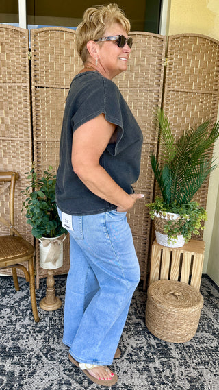 Alternate view of Easel Plain Jane BLACK Drop Shoulder Top OVERSIZED
