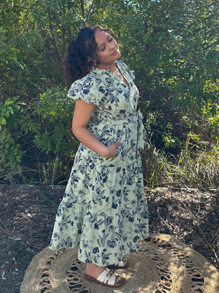 Alternate view of A & She Sage & Navy Floral Split Neck Midi Dress

