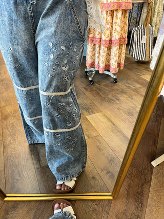 Alternate view of POL Denim & Ivory Eyelet Overalls
