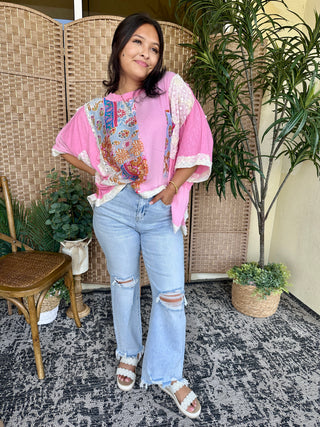 Alternate view of POL Candy Pink Floral Oversized Top
