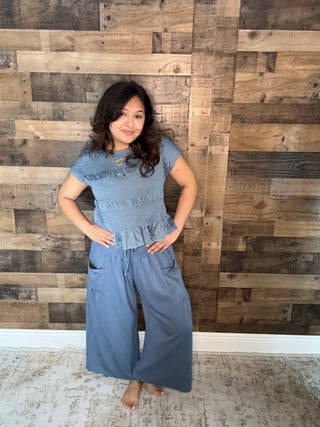 Davi & Dani Ruched BLUE Ruffle Pant & Short Sleeve Top Set