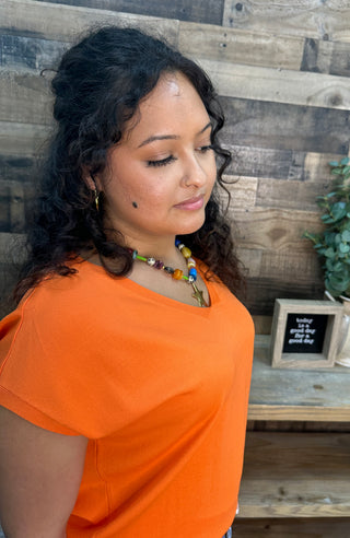 Like Love Orange Cap Slv V Neck Knit Top