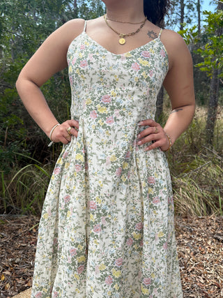 Alternate view of Ivory Vintage Floral Linen Blend Smock Back Midi Sundress
