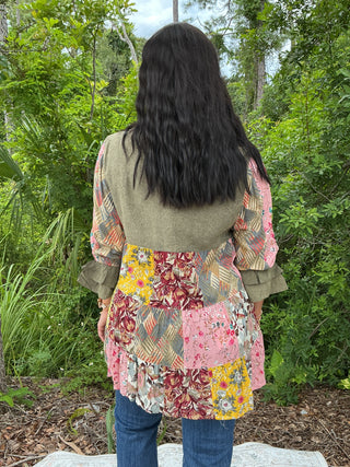 Young Threads Olive Patchwork Ruffle Sleeve Top