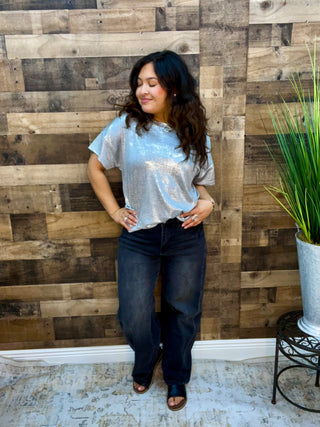 Sew In Love Silver Round Neck Short Sleeve Shine Top