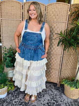 Alternate view of Wanna Be Her Denim Ruffle Overall Dress
