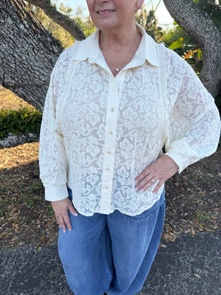 Ivory Lace Eyelet Accent Long Slv Blouse Top