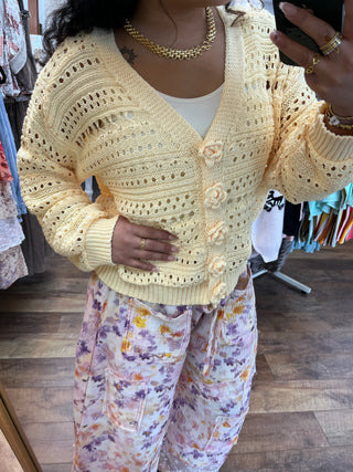 POL DANDELION YELLOW Cardigan Floral Button Crochet Sweater Top