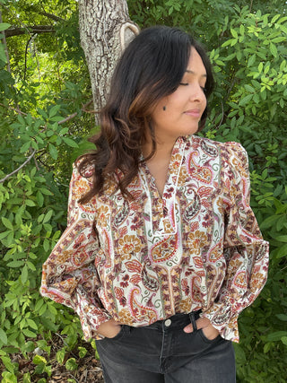 Entro Ecru & Honey Gold Paisley Long Slv Blouse Top