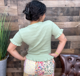 Listicle Light Sage Cable Knit Short Slv Ruffle Hem Sweater Top