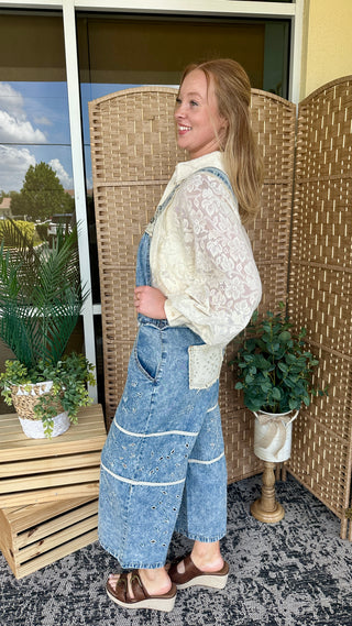 Alternate view of POL Denim & Ivory Eyelet Overalls
