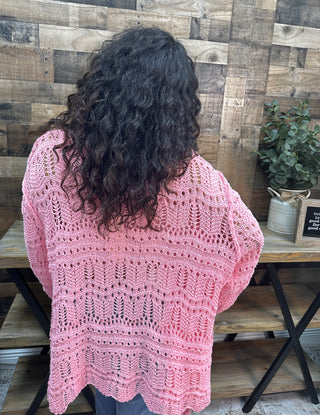 POL BARBIE PINK Long Slv Cardigan Crochet Sweater Top