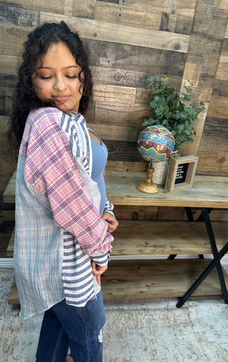 Alternate view of Like Love Blue & Pink Button Down Plaid Stripe Mix Top
