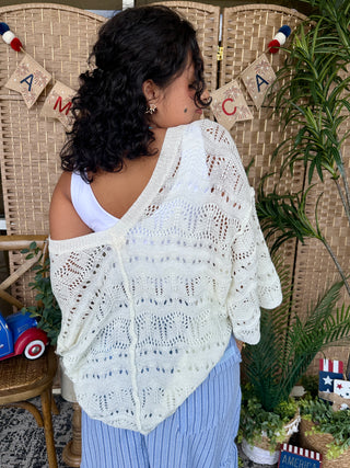 Alternate view of POL IVORY Crochet Short Sleeve Scalloped Edge Top
