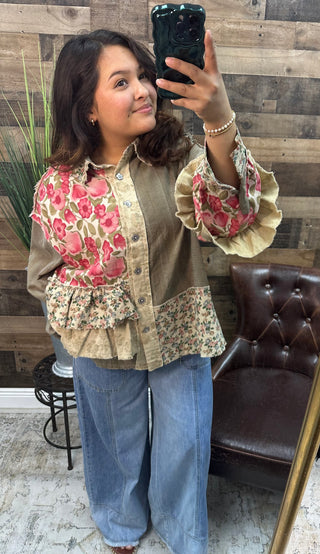 POL Herb Green Floral Ruffle Button Front Long Slv Top