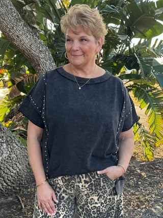 Mineral Wash Black Studded Accent Short Slv Top