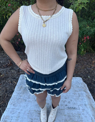 POL BEIGE Crochet Trim Sleeveless Top