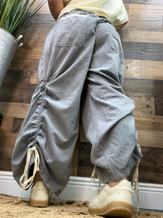 Dusty Blue Contrast Twill Tape Elastic Waist Jogger Parachute Pants