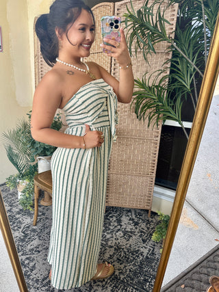 Alternate view of Pistachio Sage Stripe Strapless Jumpsuit

