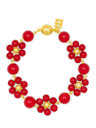 Red Flowers Glass Bead Magnetic Bracelet
