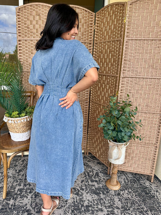 Alternate view of In Feb Mineral Washed Denim Button Down Pleated Midi Dress
