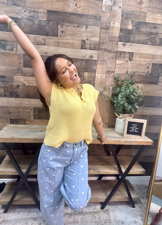 Alternate view of In Feb Mellow Yellow Relaxed Slub Knit Split Neck Sweater Top
