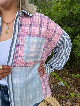 Alternate view of Like Love Blue & Pink Button Down Plaid Stripe Mix Top
