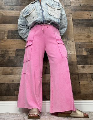Washed Wide Leg French Terry Cargo Pants (5 COLORS) Easel
