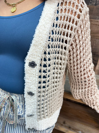 Alternate view of POL Latte Crochet & Ivory Trim Cardigan Top
