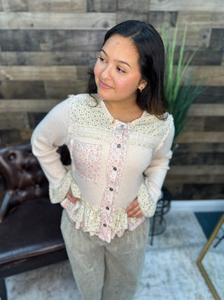 POL Cream Ribbed & Floral Ruffle Button Down Top