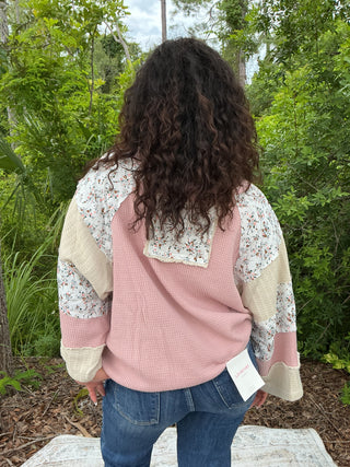 POL Blush Peace Long Slv Patchwork Top