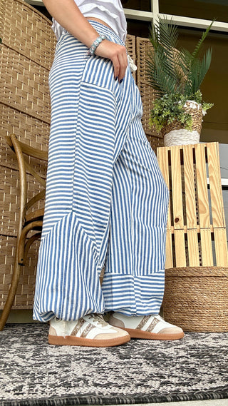 Alternate view of Breezy Beach Blue Striped Wideleg Jogger Pants
