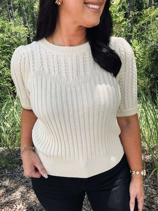 Women's Gilli Sweater in cable knit & ribbed texture, short sleeve, available in 2 colors for chic, cozy style.