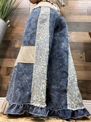 POL Denim & Leopard Wide Leg Ruffle Hem Pants