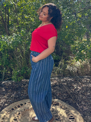 Alternate view of Easel Denim Stripe Barrel Leg Gypsy Fit Pants
