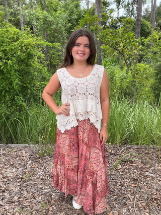 Polagram Terracotta Dream Floral Patchwork Maxi Skirt – Stylish, Bohemian-inspired long skirt in warm terracotta hues.
