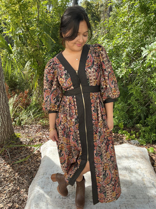 Entro Black & Jewel Tone Paisley Zip Front Midi Dress