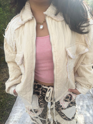 POL Relaxed Fit Denim Jacket w/ Quilting & Lace Accents (2 COLORS)