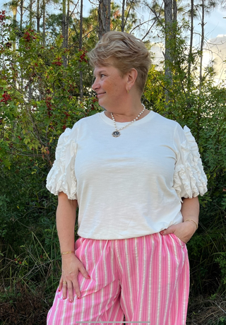 Easel White Ruffled Bubble Sleeve Top