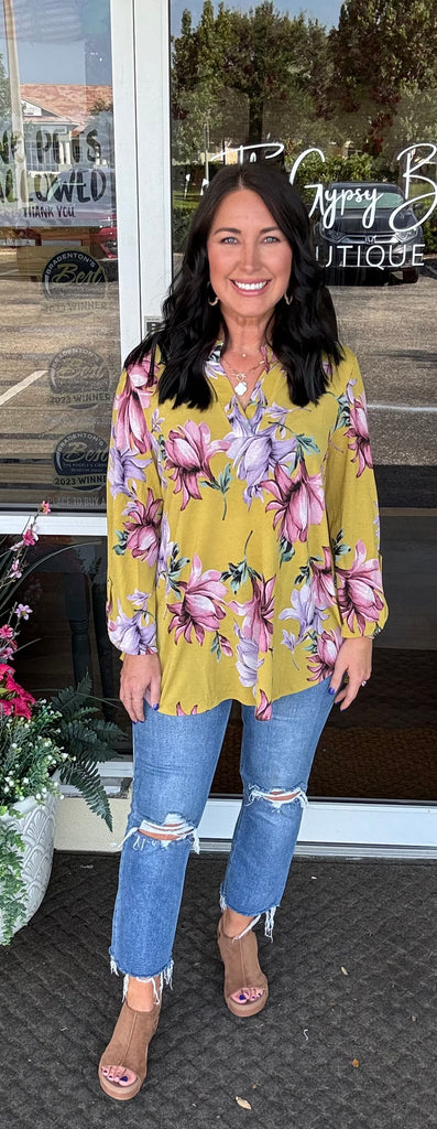 Dear Scarlett - Marigold Floral 3/4 Sleeve Top - The Gypsy Belle Boutique