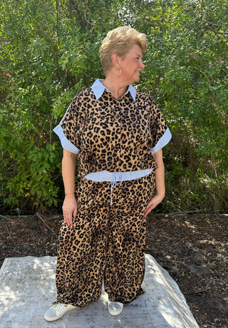 Oddi Leopard & Blue Oxford Stripe Top and Wide Leg Pant Set