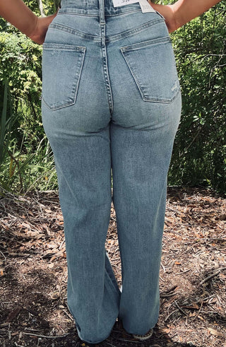 Judy Blue 88933 MidRise Tummy Control Distressed Wide Leg Jeans - Fashionable denim with stylish distressing and flattering fit.