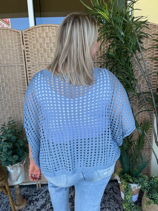 Light blue open knit dolman top with short sleeves, worn back view.
