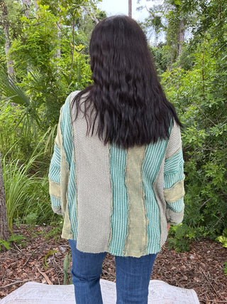Oli & Hali Washed Green Colorblock & Patchwork Cardigan