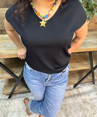 Alternate view of Like Love Black Cap Slv V Neck Knit Top
