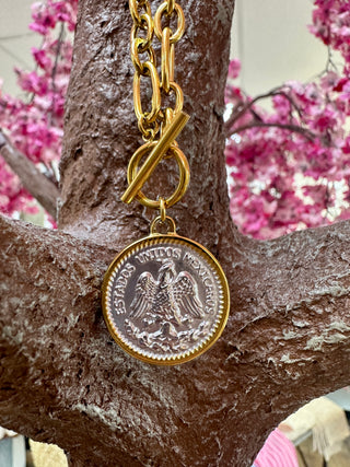 Gold chain necklace with ornate toggle clasp and silver coin pendant hanging on tree branch.
