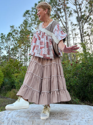 Easel Mocha Polka Dot Tiered Maxi Skirt