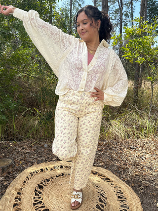 Alternate view of Ivory Lace Eyelet Accent Long Slv Blouse Top
