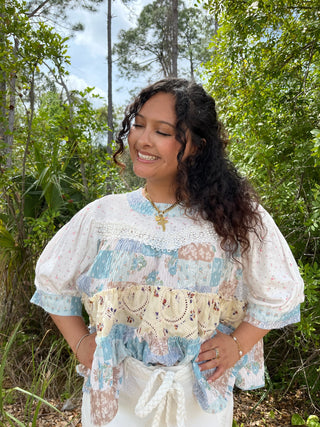 POL Ivory & Blue Tiered Floral Top