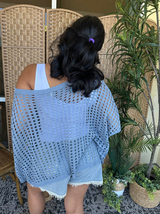 Light blue knit dolman top with openwork pattern and white lace trim hem.

